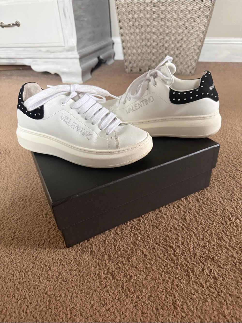 Valentino White Leather Sneakers with Black Studded Heel Collar